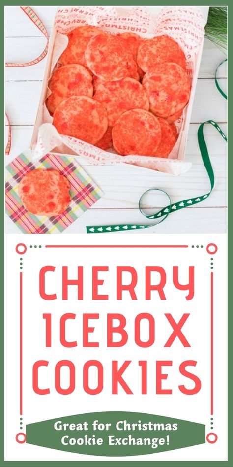 This delicious Cherry Icebox cookie recipe is a must-try! These easy cookies are perfect for a Christmas cookie exchange or any time of the year. The maraschino cherries give the cookies their bright red color. These are adapted from the famous cherry icebox cookies made at the Collin Street Bakery in Waco, Texas! Click to get the downloadable recipe. Ice Box Cookies, Icebox Cookie Recipe, Freezer Cookies, Christmas Dinner Desserts, Icebox Desserts, Box Cookies, Icebox Cookies, Cookie Dough Truffles, Cherry Cookies