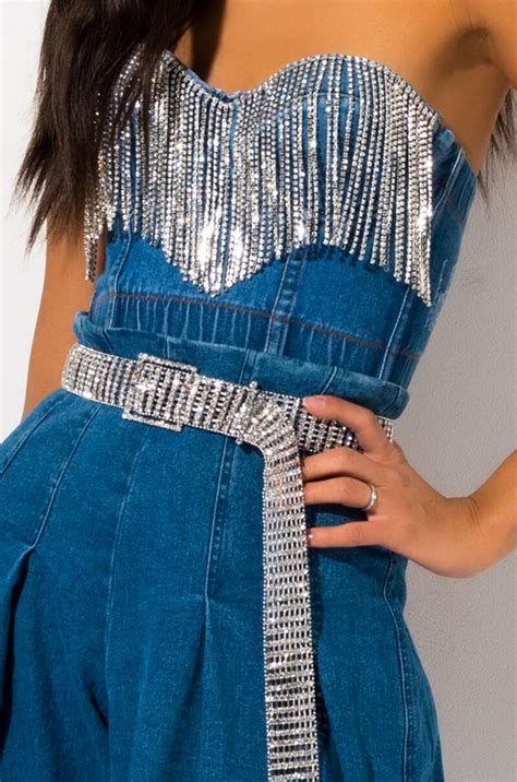 Denim And Bling Outfit Ideas at Conniebittle Fringe Top Outfit, Diamonds And Denim Party, Performance Clothes, Denim Fits, Denim Party, Denim Bustier, Rhinestone Fringe, Flowy Tank Tops, Costume Outfits