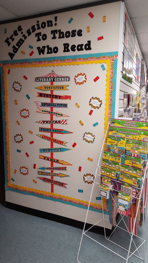 A Carnival-themed bulletin board by our friends at Learning Zone in San Antonio… Carnival Theme Bulletin Board Ideas, Carnival Bulletin Boards, Journey Theme, School Library Book Displays, School Wide Themes, Fair Poster, Book Fairs, Teacher Themes, Reading Month