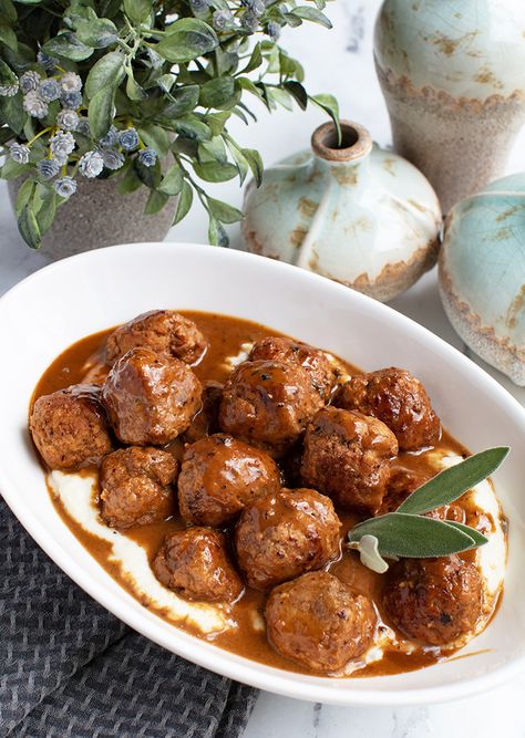 These meatballs are tender and moist and the flavor is enhanced with the addition of Marsala wine. Ground Veal Recipes, Veal Meatballs Recipe, Ground Veal, Veal Meatballs, Meatball Appetizer Recipe, Vegetarian Meatballs, Tender Meatballs, Veal Recipes, Appetizer Meatballs