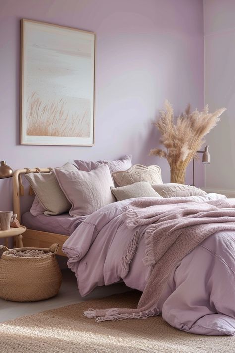 Girly Bedroom Ideas For Women, Purple Bedroom Walls, Light Wood Furniture, Woman Bedroom Ideas, Grown Woman Bedroom Ideas, Lavender Bedroom, Purple Bedrooms, Violet Pastel, Pastel Lavender