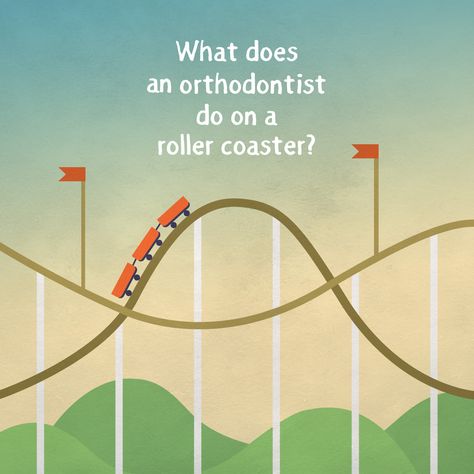 WHAT DOES AN orthodontist do on a roller coaster? He BRACES himself! Know any other good ortho jokes? Orthodontist Humor, National Orthodontic Health Month, Dentistry Memes Funny, Funny Dental Memes Humor, Dental Posts, Dental Jokes, Orthodontics Memes, Orthodontics Braces, Baby Smile