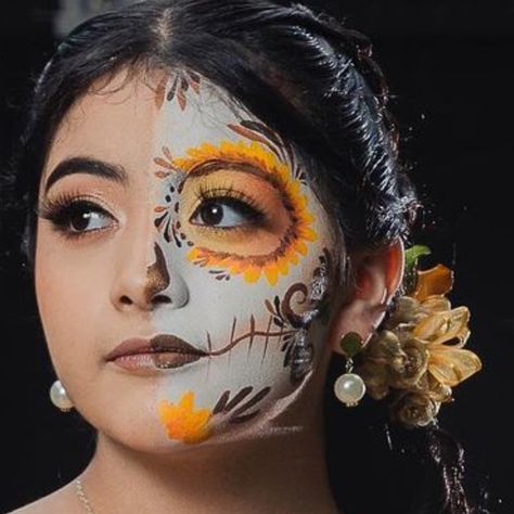 Coco Face Paint, Mexican Face Paint, Catrina Face Paint, Dia Los Muertos Makeup, Calavera Face Paint, Half Skull Makeup, Folklorico Dresses, Catrina Costume, Muertos Makeup