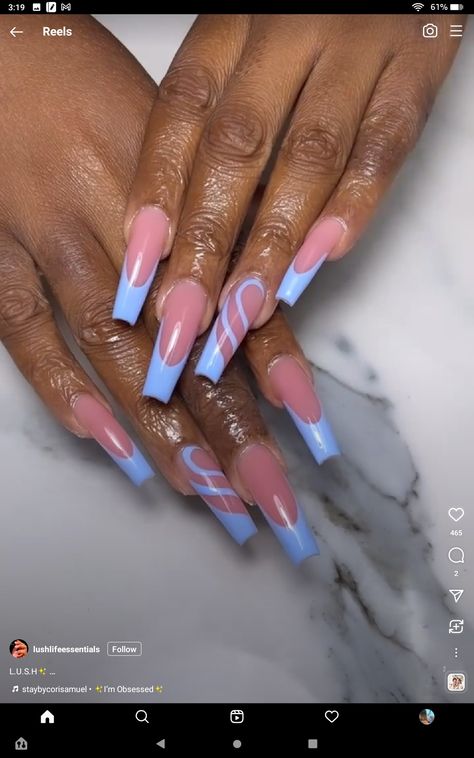 Blue French Nails, Pink French Tip Nails, Pink French Tip, Acrylic French, Finger Art, French Polish, Blue Nail Art, Pink French, Blue French