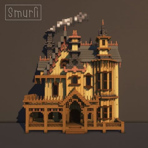 Built by Smurfi_ Mincraft Idea Houses Victorian, Minecraft Vaulted Ceiling, Deepslate House Ideas Minecraft, Minecraft Mining Village, Minecraft Big Wall Designs, Old Mansion Minecraft, Minecraft Woodland House, Victorian Home Minecraft, Victorian Style Minecraft House