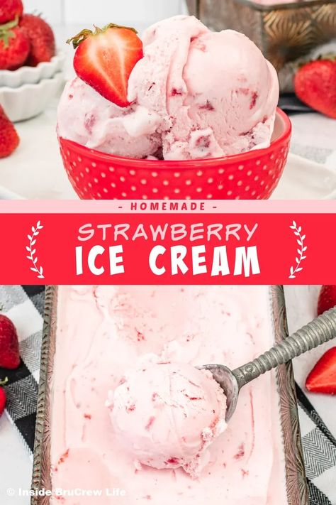 You will find fresh strawberries in every scoop of this Homemade Strawberry Ice Cream. It only takes minutes to make and is sweet, creamy, and so delicious. Strawberry Sherbet, Kitchenaid Ice Cream Maker, Sherbet Recipes, Homemade Strawberry Ice Cream, Strawberry Ice Cream Recipe, Making Homemade Ice Cream, No Churn Ice Cream, Strawberry Flavor, Soft Serve Ice Cream