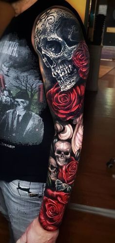 Skull And Rose Tattoo For Men Sleeve, Skulls And Roses Sleeve Tattoo, Full Arm Sleeve Tattoos For Women Roses, Black Grey And Red Tattoo, Roses And Skulls Tattoo Sleeve Women, Black And Red Leg Sleeve Tattoo, Black And Red Roses Tattoo, Red Rose Sleeve Tattoo, Rose Leg Sleeve Tattoo