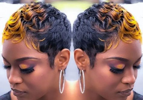 Pixie For Black Women, Pixie With Highlights, Short 27 Piece Hairstyles, 27 Piece Hairstyles, Finger Waves Short Hair, Super Short Pixie, Short Weave Hairstyles, Edgy Short Haircuts, Short Relaxed Hairstyles