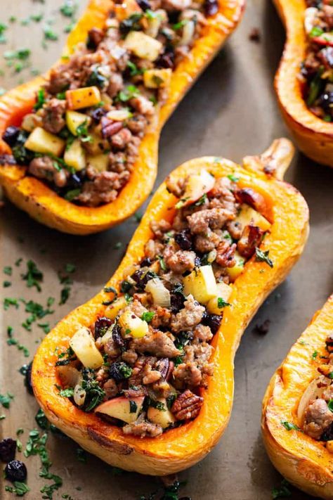 Sausage Stuffed Butternut Squash, Stuffed Butternut Squash, Stuffed Butternut, Paleo Running Momma, Stuffed Squash, Acorn Squash Recipes, Apple Sausage, Savory Herb, Butternut Squash Recipes