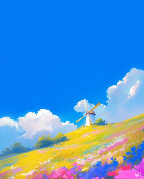 Windmill Illustration, Canvas Scenery, Windmills Photography, Art Peaceful, Hillside Landscaping, Peace Art, Cloud Drawing, Animation Art, Art Day