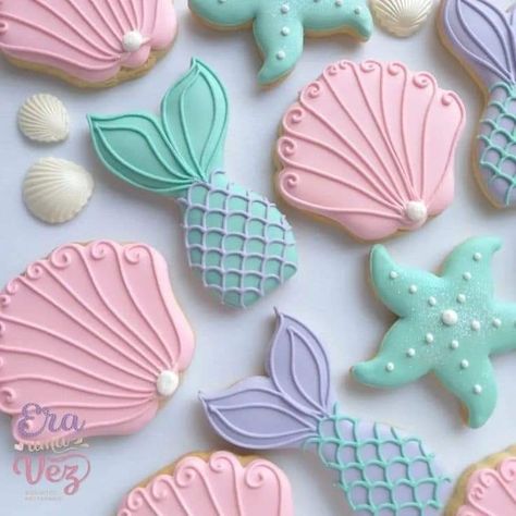 Two Year Old Mermaid Party, Pastel Mermaid Cookies, Mermaid Cookies Decorated Easy, Mermaid Birthday Party Cookies, Mermaid 3rd Birthday Cake, Oneder The Sea 1st Birthday Cookies, 4th Mermaid Birthday Party, Ariel Baby Shower Theme, Mermaid Birthday Cookies Decorated