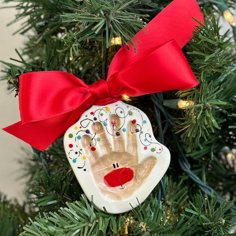 Reindeer Clay Ornament – Prints & Clay Homemade Ornaments Kids Handprint, Hand Print Christmas Decorations, Toddler Clay Ornaments, Homemade Hand Print Ornaments, Reindeer Ornaments Handprint, Hand Print Clay Ornaments, Baby Hand Ornament, Kid Clay Christmas Ornaments, Christmas Handprint Painting