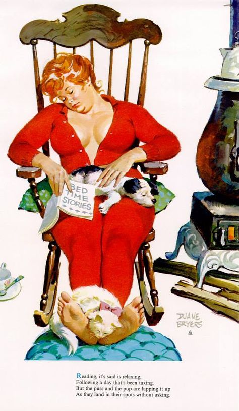 Hilda - asleep in rocking chair, bedtime storybook and dog on lap, kitten asleep on her feet Duane Bryers, Christmas Magazine, Arte Pin Up, Pin Up Vintage, People Reading, Pin Up Girl Vintage, Red Pajamas, Gil Elvgren, Pinup Art