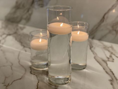 Candles In Clear Vases, Clear Vases, Floating Candles, Glass Vases, Tea Light Candle, Wedding Decor, Tea Lights, Glass Vase, Floating