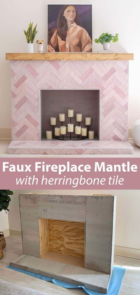 Emma's Tiled Faux Fireplace - A Beautiful Mess Faux Mantle, Faux Fireplace Mantels, Fireplace Diy, Fake Fireplace, Faux Tiles, Faux Fireplace Diy, Pink Rectangle, Fireplace Set, Behind The Scenes Photos