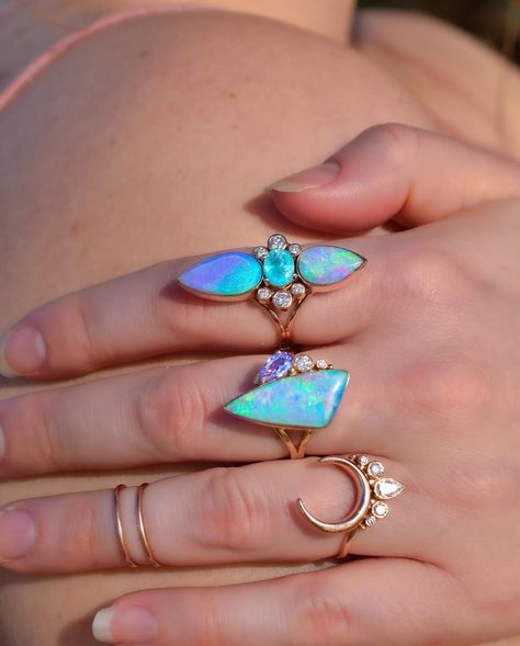 Unique Pink Opal Jewelry For Gifts, Pink Opal Ring Fine Jewelry, Unique Multi-stone Opal Ring For Formal Occasions, Elegant Iridescent Opal Ring With Cabochon, Adjustable Pink Opal Ring, Alchemy Jewelry, Lightning Ridge Opal, White Spirit, The Host