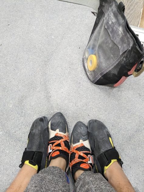 Picture of a couple's climbing shoes  next to each other Rock Climbing Date, Indoor Rock Climbing Aesthetic, Indoor Rock Climbing Outfit, Mountain Climbing Aesthetic, Granola Couple Aesthetic, Climbing Date, Granola Couple, Climbing Couple, Rock Climbing Aesthetic