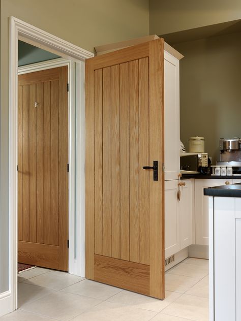 Cottage style boarded oak internal doors are popular for both traditional and contemporary properties #oakdoors  JB Kind's River Oak Thames Cottage Style Doors, Grey Internal Doors, Fire Doors Internal, Internal Oak Doors, Oak Interior Doors, White Internal Doors, Room Divider Doors, Internal Door, Black Handles