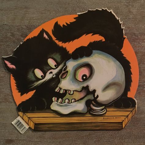 Vintage 1978 Beistle Cat & Skull Die-cut NEW by UrsosToybox Cat With Skull, Cat Skull, Halloween Black Cat, Skull Halloween, Skull Head, Halloween Black, Vintage Halloween, Large Black, Black Cat