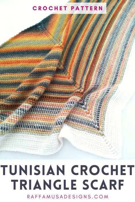 the picture of the Tunisian crochet triangle scarf crocheted using a fall/autumn gradient cake Tunisian Crochet Triangle, Tunisian Shawl, Tunisian Crochet Scarf Pattern, Tunisian Crochet Hat, Tunisian Full Stitch, Toni Lipsey, Tunisian Crochet Shawl, Crochet Blanket Scarf, Entrelac Crochet