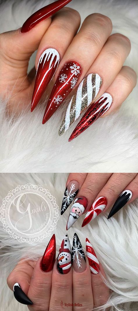 Christmas Nail Designs Stiletto, Christmas Nails Nail Art, Christmas Stiletto Nails, Stiletto Christmas Nails, Christmas Nails Stiletto, Shiny Nails Designs, Candy Cane Nails, Red Christmas Nails, Winter Nails Acrylic