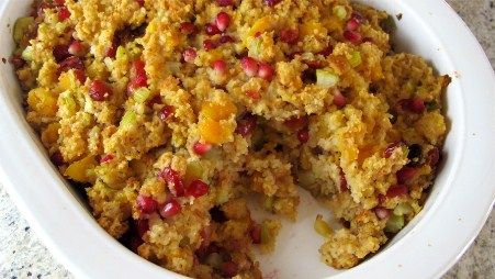 Cornbread Stuffing with Pomegranate Seeds - The Scramble Corn Bread Stuffing, Pom Wonderful, Savory Baking, Bread Stuffing, Fruit Growing, I Had To Leave, Cornbread Stuffing, I Want Food, Guavas