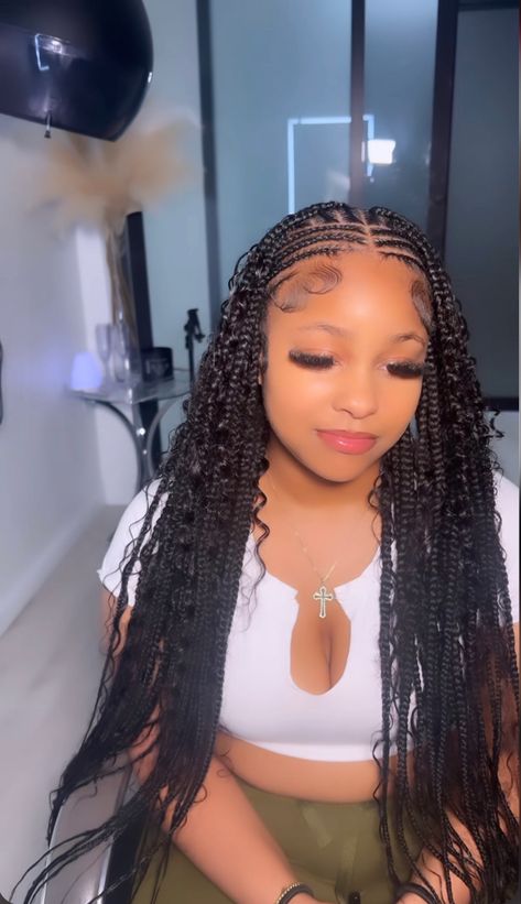 Bohemian Knotless Braids With Cornrows, Trible Braids Boho, Fulani Boho Knotless Braids, Fulani Braids Color 30, Curve Braids, Fall Braids, Curly Braided Hairstyles, Bohemian Hair, Braided Hairstyles For Black Women Cornrows