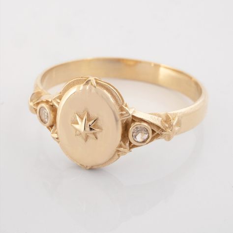 This vintage-style signet ring is a minimal North star, surrounded by other smaller stars and flush set diamonds on each side. The center star can be swapped out for your initial! Signet Ring Vintage, Vintage Celestial, Flush Set Diamond, Buy List, Monogram Ring, Heirlooms Jewelry, Signet Rings, Personalized Monogram, North Star