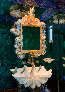 Shell Sink, Tiny Powder Room, Tony Duquette, Seashell Mirror, Mermaid Bathroom, Art Coquillage, Mermaid Room, Shell Mirror, Mermaid Life