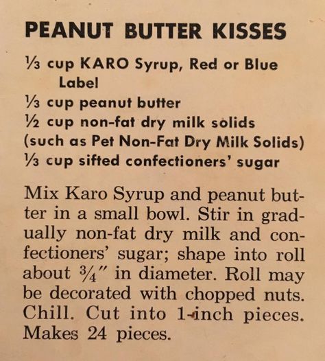 1950's Recipe for Peanut Butter Kisses from a Karo Syrup Cookbook - For a fun recreation of this recipe check out my blog! - cupofzest.com Peanut Butter Kisses Candy Recipe, Peanut Butter Kisses Candy, Peanut Butter Kisses, Newspaper Recipes, Peanut Butter Kiss, Butter Bites, Peanut Butter Bites, Karo Syrup, Kisses Candy