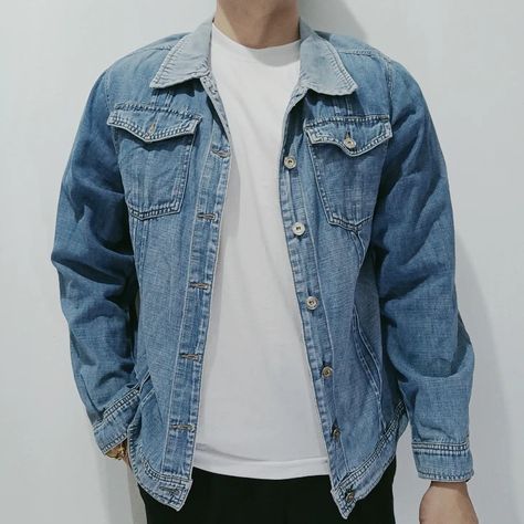 Denim Jacket with inner white for men outfit idea Shirt And Denim Jacket, Denim Jacket For Men, Denim Jacket Men, Jacket For Men, Outfit Idea, White Shirt, Up Shirt, Denim Button Up, Button Up Shirts