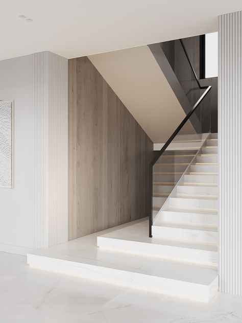 LCH106 :: Behance Entrance Hall Under Stairs, Modern White Staircase, Modern Home Entry, Beton Stairs, Staircase Design Modern Luxury Homes, Villa Stairs Design, U Stairs Design, White Floor Living Room, Modern House Stairs