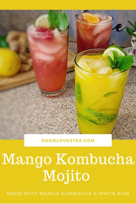 Quite possibly my favourite kombucha cocktail! So fresh, aromatically minty and tropical with the mango and white rum flavours. I love a mojito and I love fruity mojitos more. I also love kombucha and I love fruity kombuchas even more. So, I decided to make this fruity minty mango kombucha mojito. It’s absolutely delicious. I’m using GTs Mystic Mango Kombucha. If you are unable to find mango kombucha, you can alternatively use unflavoured kombucha with a dash of mango juice. Mango Kombucha, Minty Mango, Diy Kombucha, Kombucha Cocktail, Kombucha Flavors, Mango Mojito, Afternoon Tea Recipes, Fermented Tea, Healthy Cocktails