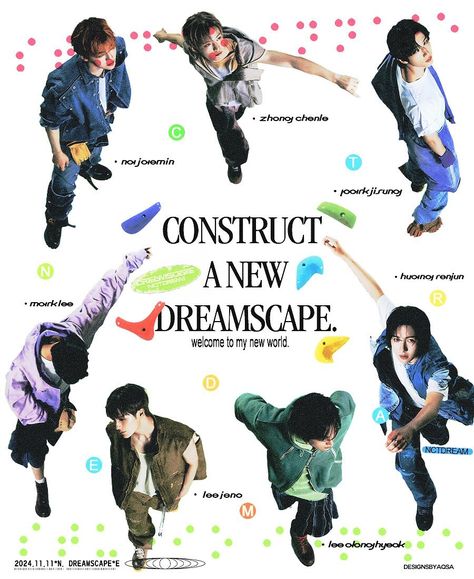 NCT DREAM ‘DREAMSCAPE’ Poster Designs and Spread ➡️ swipe for more #nctdream #nct #haechan #mark #jaemin #jeno #jisung #chenle #renjun #kpop #kpopdesign #graphicindex #posterposter #posterdesign Nct Dream Poster, Nct Design, Nct Graphic Design, Dancing In My Room, Nct Poster, Graphic Edits, Brand Guidelines Design, Posters Kpop, Kpop Design