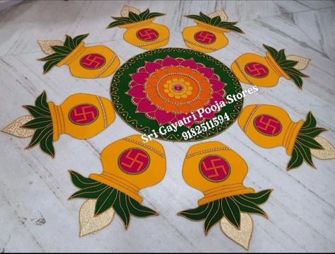 Ready Rangoli, Gauri Ganpati, Arti Thali Decoration, Arti Thali, Ganpati Decor, Diwali Ideas, Diya Decoration Ideas, Indian Rangoli Designs, Kundan Rangoli