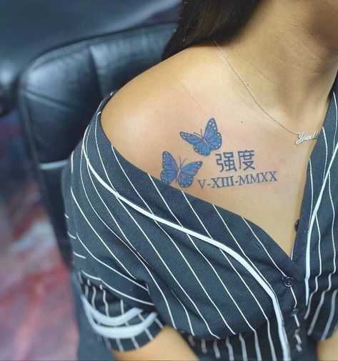 Blue Butterfly Tattoo, Black Girls With Tattoos, Tattoos For Black Skin, Pretty Tattoos For Women, Dope Tattoos For Women, Tattoo Ideas Female, Shoulder Tattoos For Women, Stylist Tattoos, Cute Tattoos For Women