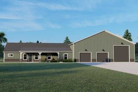 Single-Story 3-Bedroom Country Barndominium with Oversized Garage (House Plan) Oversized Garage, Metal Building House Plans, Barn Plan, Basement Floor Plans, Pole Barn House Plans, Barn Style House Plans, Barndominium Floor Plans, Safe Room, Country Style House Plans