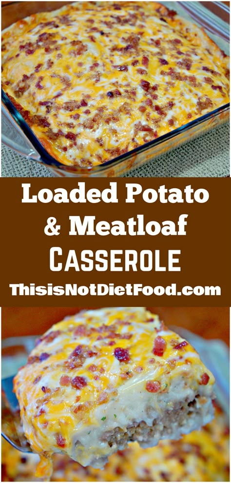 Loaded Potato Meatloaf Casserole. Ground beef meatloaf topped with garlicky instant mashed potatoes, cheese and bacon. Easy dinner recipe. Loaded Potato Meatloaf, Potato Meatloaf Casserole, Meatloaf Casserole, Delicious Meatloaf, Crockpot Recipes Beef Stew, Instant Mashed Potatoes, Diner Recept, Loaded Potato, Crockpot Recipes Beef