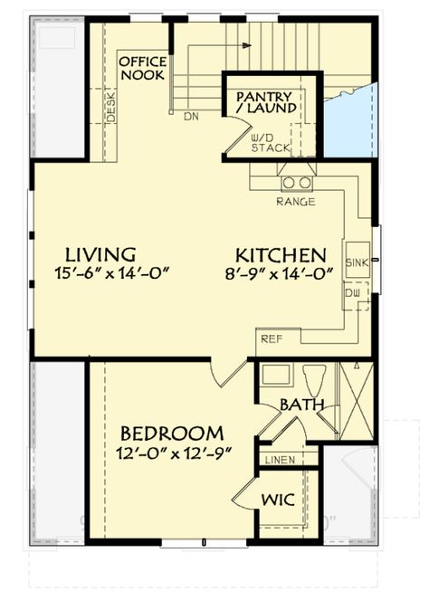 This 2-car detached garage plan gives you 950 square feet of parking set behind two overhead doors. Above, a one bedroom apartment has an open living space with a stackable washer dryer unit in the walk-in pantry. Architectural Designs' primary focus is to make the process of finding and buying house plans more convenient for those interested in constructing new homes - single family and multi-family ones - as well as garages, pool houses and even sheds and backyard offices.  Our website offers a vast collection of home designs, encompassing various architectural styles, sizes, and features, which can be customized to meet specific needs and preferences. We curate and add to our design portfolio every day as we work with hundreds of residential building designers and architects to bri Above Garage Apartment Floor Plans, Shop Loft Apartment, Garage Apts Living Spaces, Loft Apartment Above Garage, Diy Garage Apartment, Small Above Garage Apartment, Above Garage Apartment Interior Layout, Garage Loft Apartment Interior, One Story Garage Apartment Plans