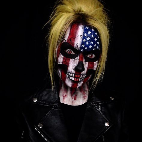 American flag skull, inspired by Harley Davidson, Fourth of July makeup Scary Face Paint, Badass Halloween Costumes, Amazing Halloween Makeup, Face Paint Makeup, Halloween Makeup Scary, Halloween Makeup Inspiration, Zombie Makeup, Zombie Costume, Makeup Challenges