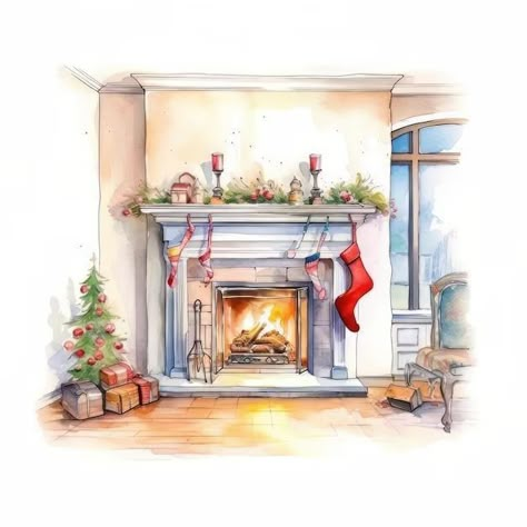 Fireplace Watercolor, Seasonal Pictures, Festive Fireplace, Fireplace Drawing, Xmas Drawing, Watercolour Cards, The Mantle, Christmas Coloring Books, Christmas Mantle