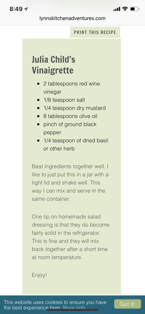 Julia Child’s French vinaigrette French Vinaigrette, Yoga For Women, Slaw Dressing, Salad Dressing Recipes Healthy, Julia Child Recipes, Salad Dressing Recipes Homemade, Running Wear, Homemade Salads, Salad Recipes For Dinner