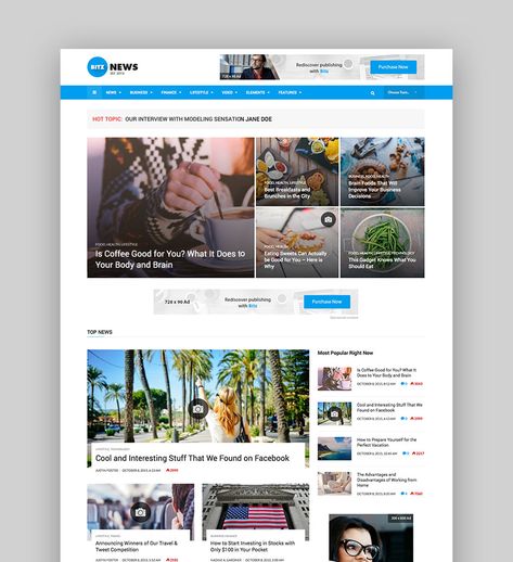 Bitz - News  Publishing WP Theme Magazine Website Design, Writing A Blog, News Website Design, News Web Design, Website Design Wordpress, Template Wordpress, Magazine Website, Blog Template, Wp Themes