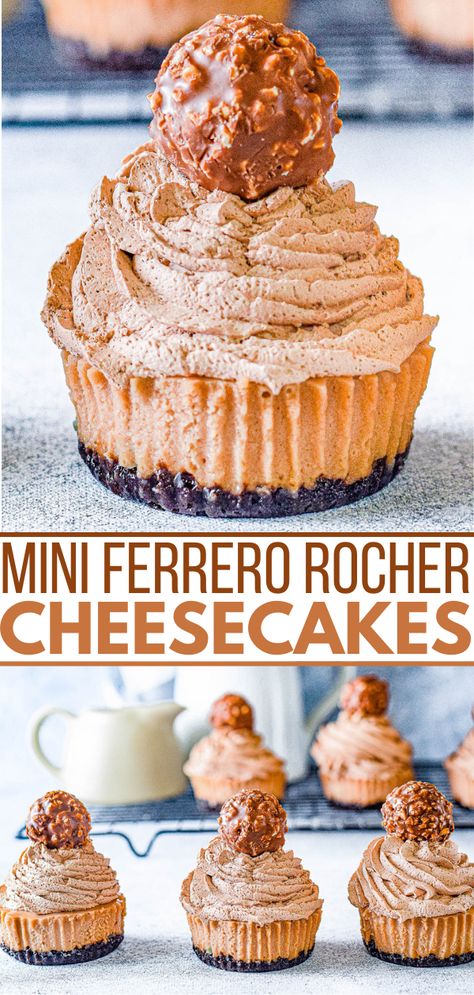 Ferrero Rocher Mini Cheesecake, Ferrero Rocher Dessert, Easy Xmas Dessert, Mini Chocolate Cheesecakes, Ferrero Rocher Inspired Recipes, Ferrero Rocher Cheesecake, Mini Desert, Hazelnut Filling, Caramel Apple Cheesecake Bars