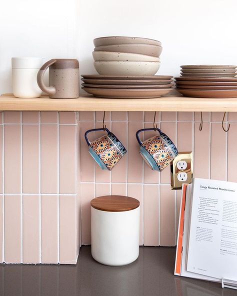 Chevron Backsplash, Pink Fridge, Pink Cabinets, White Fridges, Kitchen Projects Design, Cute Curtains, Wooden Storage Cabinet, Fireclay Tile, Woven Chair