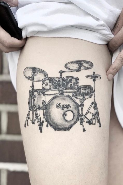 Drum Kit Tattoo, Drumset Tattoo, Drums Tattoo Ideas, Drum Tattoo, Melbourne Tattoo, Music Tattoo, Music Tattoos, Musical Art, Family Tattoos