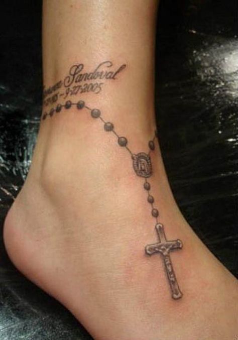 Rosario Ankle Tattoo Cross, Rosary Tattoo Wrist, Rosary Bead Tattoo, Bracelet Tattoos, Rosary Tattoo, Ankle Tattoo Designs, Armband Tattoos, Cross Tattoos For Women, Ankle Tattoos For Women