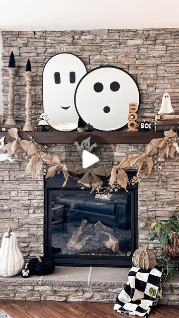 Simone on Instagram: "Boo! Happy Friday! 👻 Who decorates their mantles for Halloween? 
My mirror ghosts are pretty dang cute aren’t they! I smile when I see them 👻🤍🖤

#halloweenlover #halloweenmantle #mantledecor #ghostdecor #halloweeninspo #bowgarland #spookycute" Bow Garland, Halloween Mantle, Ghost Decoration, Halloween Inspo, Mantle Decor, Happy Friday, Fall Halloween, Ghost, Mirror