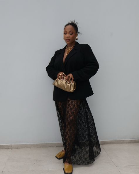 The one that got the scene banging 🪄 Ootd, outfit inspo, blazer outfit, lace skirt outfit, gold jewellery, elegant evening look, statement outfit inspiration, chic black outfit, sophisticated style, high fashion Skirt Outfit Black Women, Lace Skirt Outfit, Jewellery Elegant, Chic Black Outfits, Scene Bangs, Outfit Black Women, Statement Outfit, Blazer Outfit, Skirt Outfit