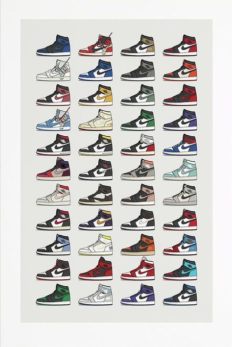 Air Jordan 1 Collection, Jordan 1 Collection, Nike Jordan Air 1, Jordan Shoes Wallpaper, Art Sneakers, Nike Poster, Sneakers Illustration, Bubble Drawing, Chicago Bulls Logo